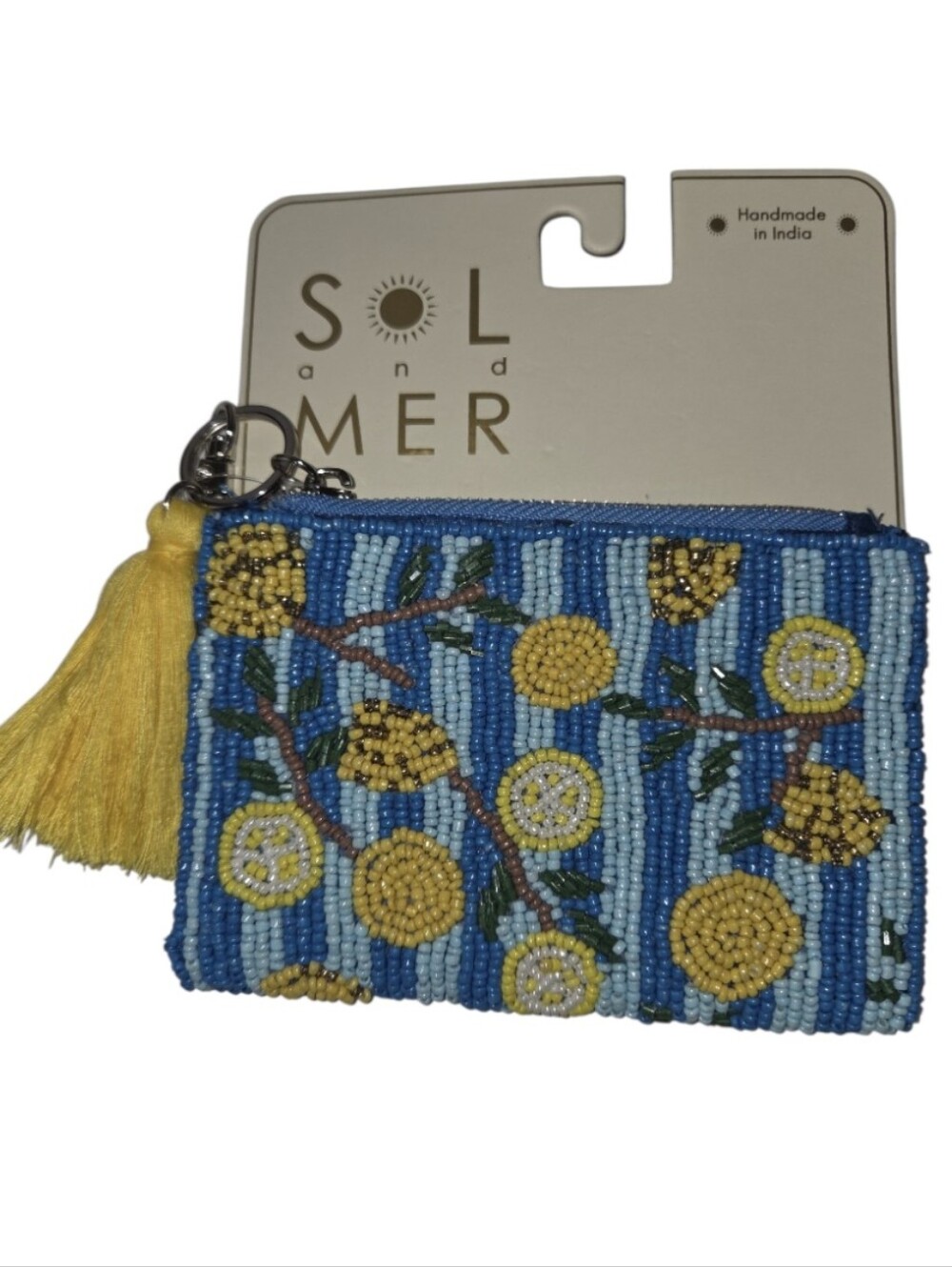 Sol And Mer Handmade Beaded Blue Yellow Zip Close Coin Purse With Bag Hook NEW